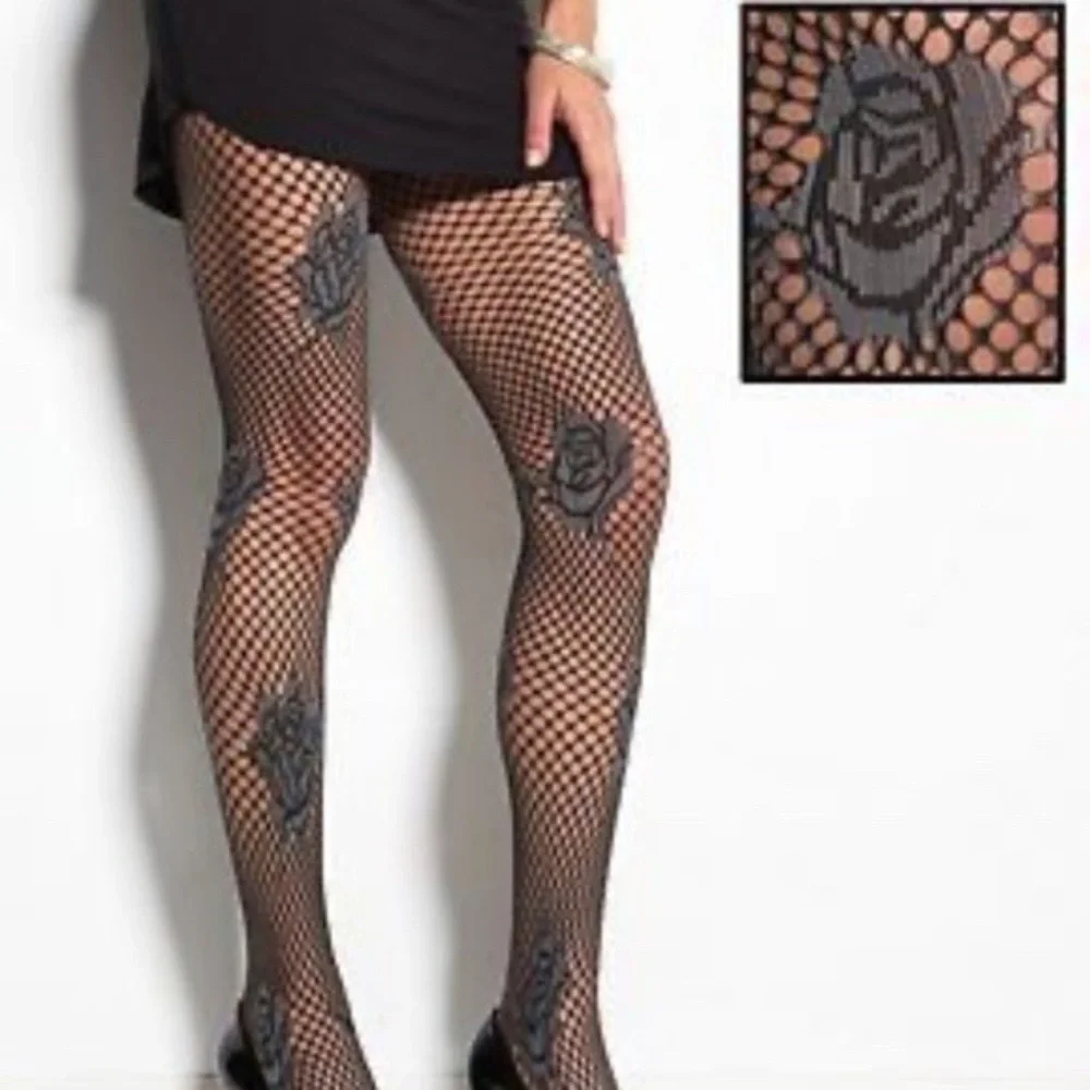 HUE Women's Tights Floral Net Fishnet S/M Steel-Grey & Brick-Red W/Black